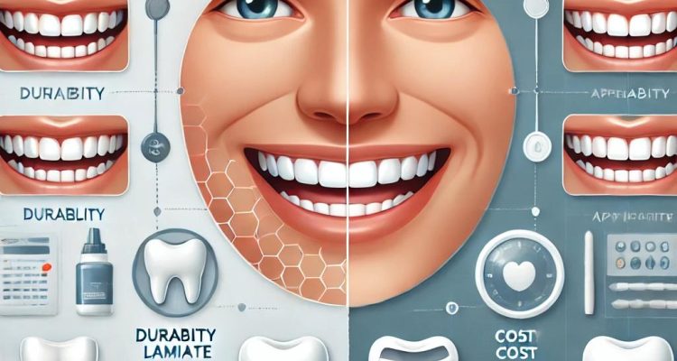 تصویری از مقایسه لمینت سرامیکی و کامپوزیت ونیر بر روی دندان‌ها، با تمرکز بر ظاهر طبیعی، دوام و روش‌های کاربرد این دو تکنیک در کلینیک دندانپزشکی.