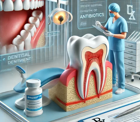 تصویر یک محیط دندانپزشکی تمیز و استریل را نشان میدهد که در آن بیمار تحت درمان عصبکشی قرار دارد. دندانپزشک در حال توضیح اهمیت مصرف آنتیبیوتیک است و یک مدل دندان و نسخه آنتیبیوتیک در تصویر دیده میشود. تأکید بر حرفهای بودن و محیط ایمن در این عکس مشهود است.