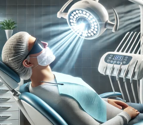 تصویر یک فرآیند بلیچینگ دندان را در یک کلینیک مدرن نشان میدهد که از نور UV یا LED برای تقویت فرآیند سفیدکنندگی استفاده میکند. بیمار در صندلی دندانپزشکی نشسته و لثهها با تجهیزات محافظتی پوشانده شدهاند تا از آسیب جلوگیری شود. محیط بسیار تمیز، پیشرفته و حرفهای طراحی شده است و تأکید بر تکنولوژیهای مدرن در دندانپزشکی دارد.