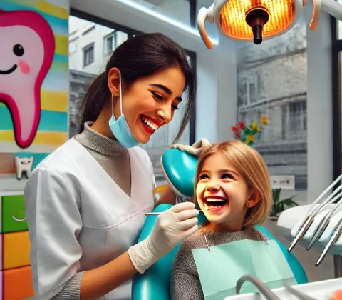 این تصویر یک کلینیک دندانپزشکی کودکانه شاد و رنگارنگ در شهرک اکباتان را نشان میدهد که یک دندانپزشک خانم با لبخند در حال درمان دندانهای یک کودک است. فضای کلینیک با طراحی جذاب و رنگهای روشن همراه با مبلمان مناسب کودکان و دیوارهای بازیگوشانه، محیطی دوستانه و آرامشبخش برای بیماران جوان ایجاد کرده است.