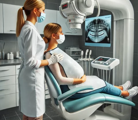 یک زن باردار در یک کلینیک دندانپزشکی در حال دریافت رادیولوژی دندان است، در حالی که دندانپزشک خانم برای انجام این کار آماده میشود و بیمار تحت پوشش سربی محافظ قرار دارد.