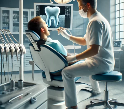 نشاندهنده یک درمان روت کانال دندان در یک کلینیک دندانپزشکی است، که در آن دندانپزشک در حال انجام درمان بر روی دندان بیمار است.