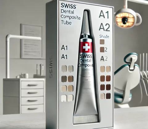 تصویری از تیوب کامپوزیت دندان سوئیسی طراحی شده است که از طراحیهای حرفهای و واقعی الهام گرفته شده و شامل جزئیات برند، لوگوی سوئیس، و اطلاعات رنگبندی میباشد. این تصویر برای استفاده در مقاصد آموزشی و تبلیغاتی مناسب است.