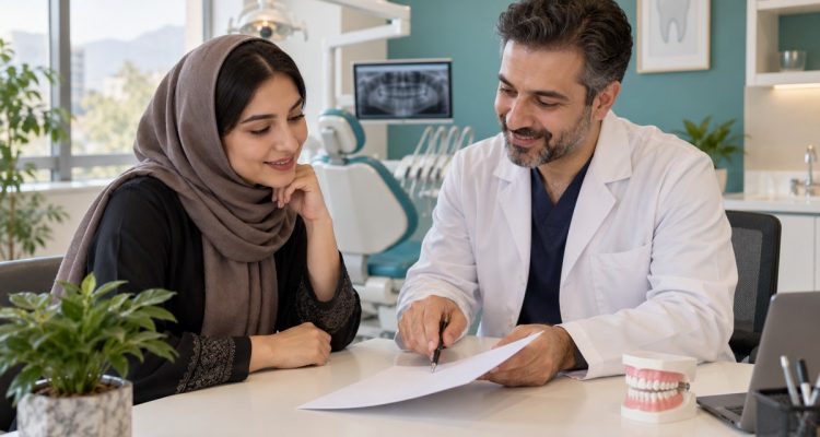 مشاوره درباره طرح درمان و هزینه دندانپزشکی؛ تصویر تولیدشده