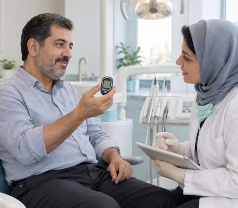 تصویر آموزشی گفتوگو درباره دیابت پیش از درمان دندانپزشکی