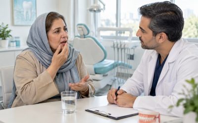 تصویر آموزشی گفتوگو درباره خشکی دهان در مطب دندانپزشکی