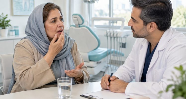 تصویر آموزشی گفت‌وگو درباره خشکی دهان در مطب دندانپزشکی