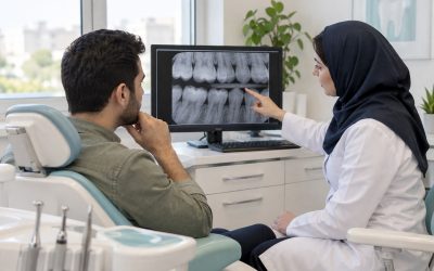 تصویر آموزشی بررسی رادیوگرافی دندان توسط دندانپزشک