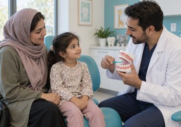 گفتوگوی والد و کودک با دندانپزشک دربارهٔ پوسیدگی؛ تصویر تولیدشده