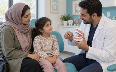گفتوگوی والد و کودک با دندانپزشک دربارهٔ پوسیدگی؛ تصویر تولیدشده