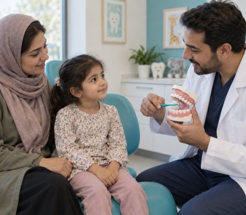 گفتوگوی والد و کودک با دندانپزشک دربارهٔ پوسیدگی؛ تصویر تولیدشده