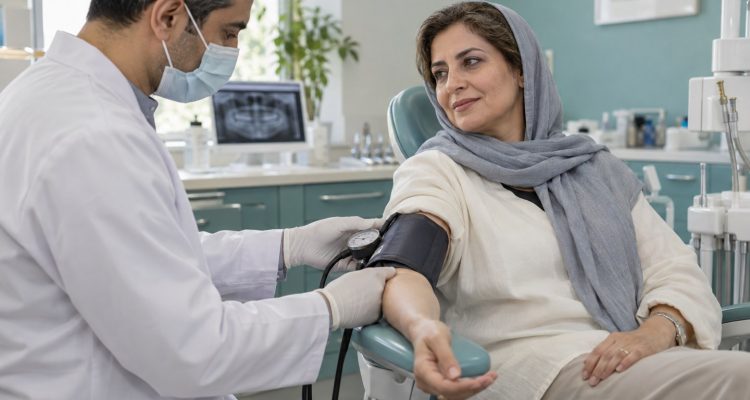 تصویر آموزشی اندازه‌گیری فشار خون پیش از درمان دندانپزشکی