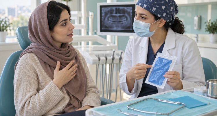 تصویر آموزشی مشاوره درباره حساسیت به لاتکس پیش از درمان دندان