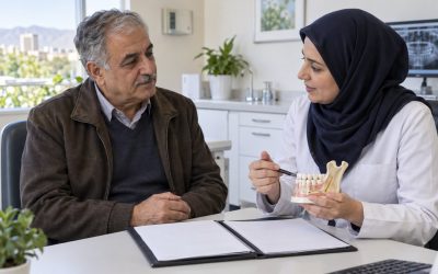 تصویر آموزشی گفتوگو درباره سابقه پرتودرمانی پیش از درمان دندان
