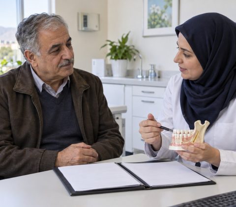 تصویر آموزشی گفتوگو درباره سابقه پرتودرمانی پیش از درمان دندان