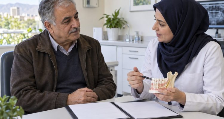 تصویر آموزشی گفت‌وگو درباره سابقه پرتودرمانی پیش از درمان دندان