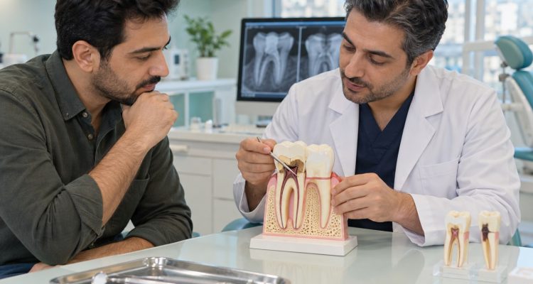 تصویر آموزشی مشاوره درباره حفظ بخشی از دندان چندریشه