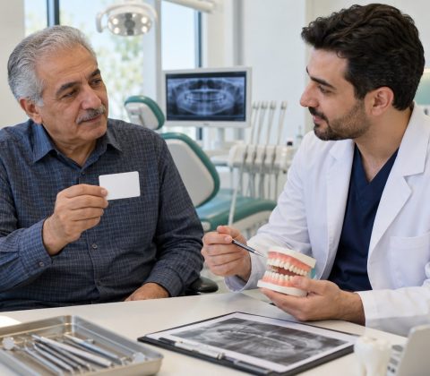 تصویر آموزشی مشاوره دندانپزشکی و بررسی کارت دستگاه قلبی در فرد دارای پیسمیکر
