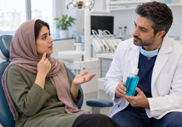 تصویر آموزشی گفتوگوی بیمار و دندانپزشک درباره ناراحتی دهان پس از دهانشویه