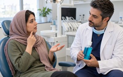 تصویر آموزشی گفتوگوی بیمار و دندانپزشک درباره ناراحتی دهان پس از دهانشویه