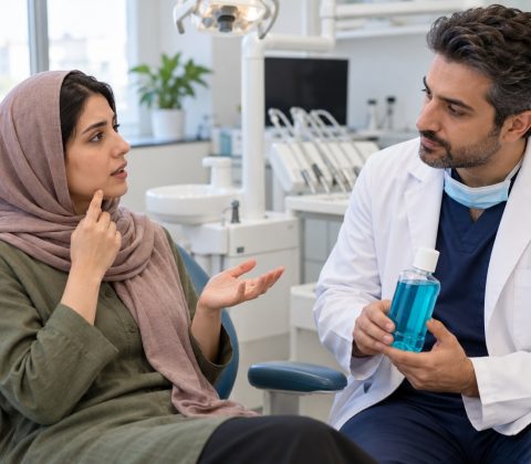 تصویر آموزشی گفتوگوی بیمار و دندانپزشک درباره ناراحتی دهان پس از دهانشویه
