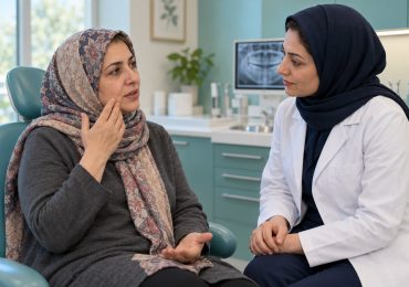 تصویر آموزشی مشاوره بیمار تحت شیمیدرمانی با دندانپزشک درباره ناراحتی دهان