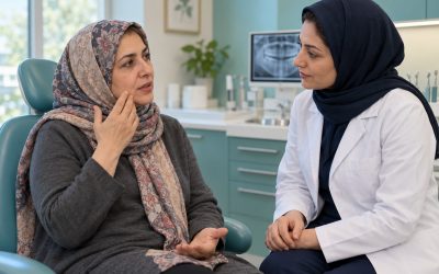 تصویر آموزشی مشاوره بیمار تحت شیمیدرمانی با دندانپزشک درباره ناراحتی دهان