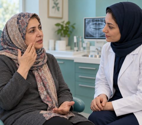 تصویر آموزشی مشاوره بیمار تحت شیمیدرمانی با دندانپزشک درباره ناراحتی دهان