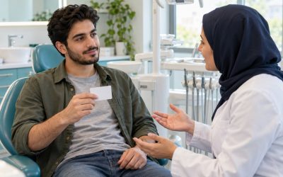 تصویر آموزشی ارائه کارت مراقبت هموفیلی به دندانپزشک پیش از شروع درمان