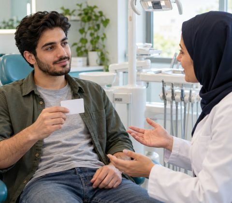 تصویر آموزشی ارائه کارت مراقبت هموفیلی به دندانپزشک پیش از شروع درمان