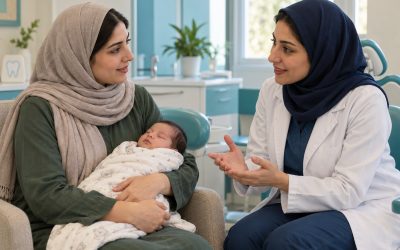 تصویر آموزشی گفتوگوی مادر نوزاد با دندانپزشک درباره رویش زودهنگام دندان