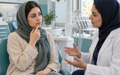 تصویر آموزشی مشاوره بیمار با دندانپزشک درباره برجستگی عودکننده داخل لب