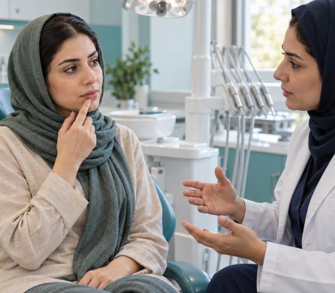 تصویر آموزشی مشاوره بیمار با دندانپزشک درباره برجستگی عودکننده داخل لب