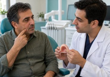 تصویر آموزشی گفتوگوی بیمار با دندانپزشک درباره برجستگی سفت دهان و تناسب پروتز