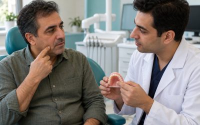 تصویر آموزشی گفتوگوی بیمار با دندانپزشک درباره برجستگی سفت دهان و تناسب پروتز