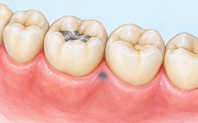 تصویرسازی آموزشی لکه تخت خاکستری لثه کنار دندان دارای ترمیم نقرهای