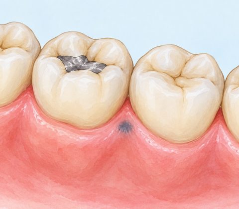تصویرسازی آموزشی لکه تخت خاکستری لثه کنار دندان دارای ترمیم نقرهای